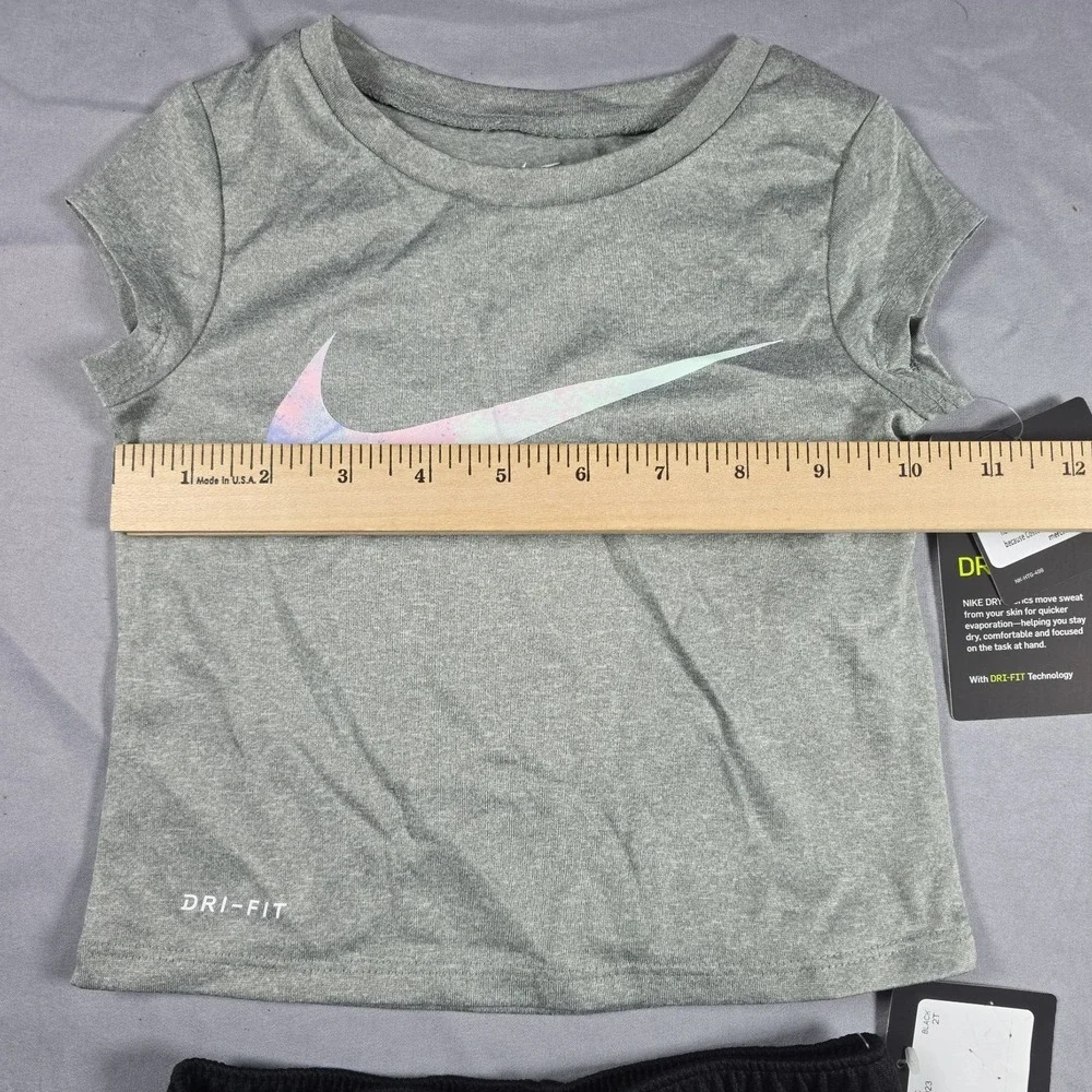 Nike Dri-Fit Little Girl's  2-Piece Graphic Tee & Short Set Gray Black 2T